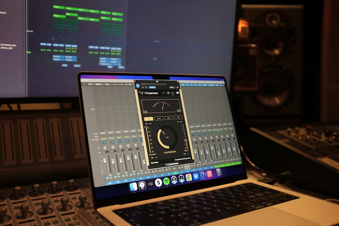 Music production setup with audio equipment and studio workspace