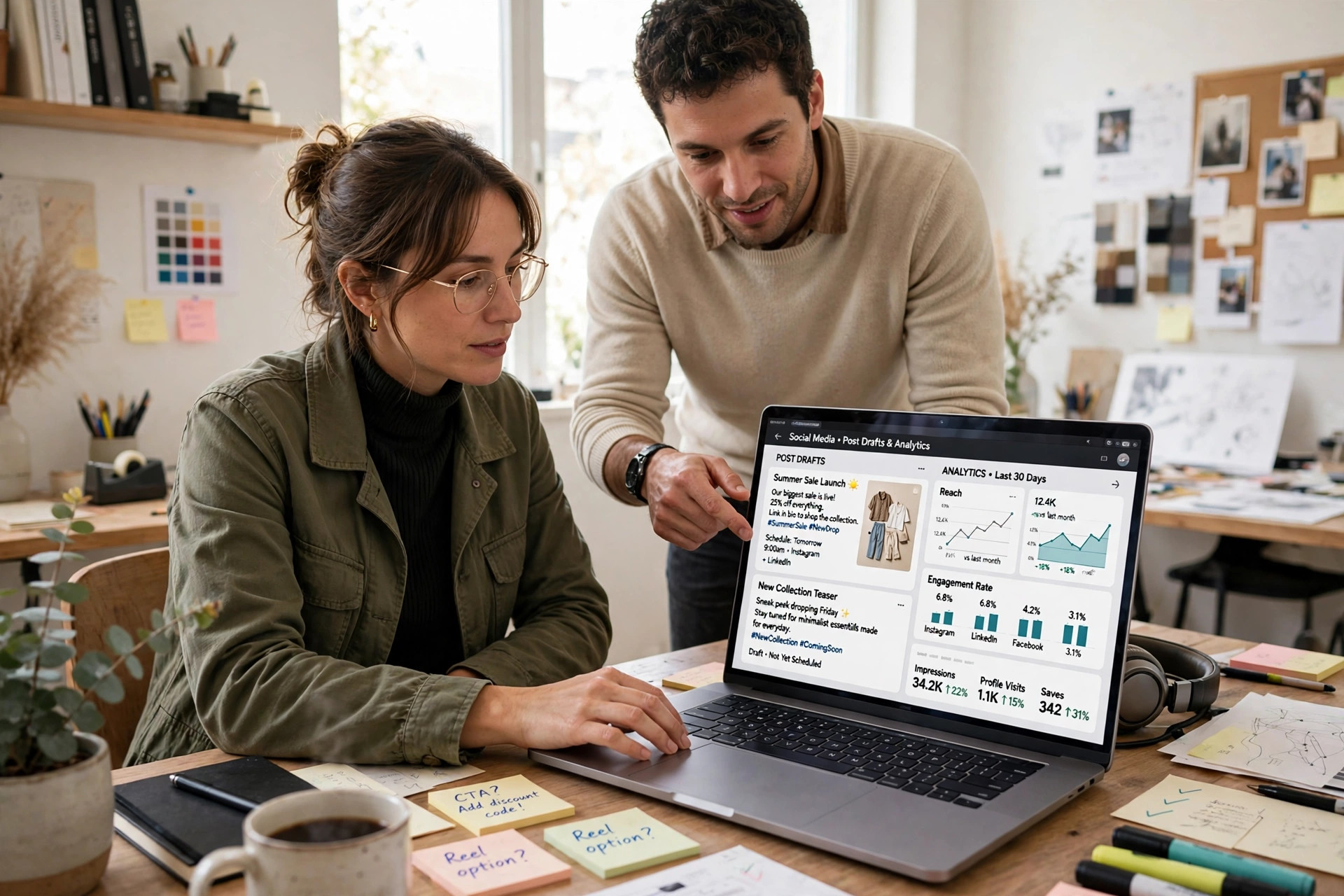 Marketing professional using AI tools on a laptop