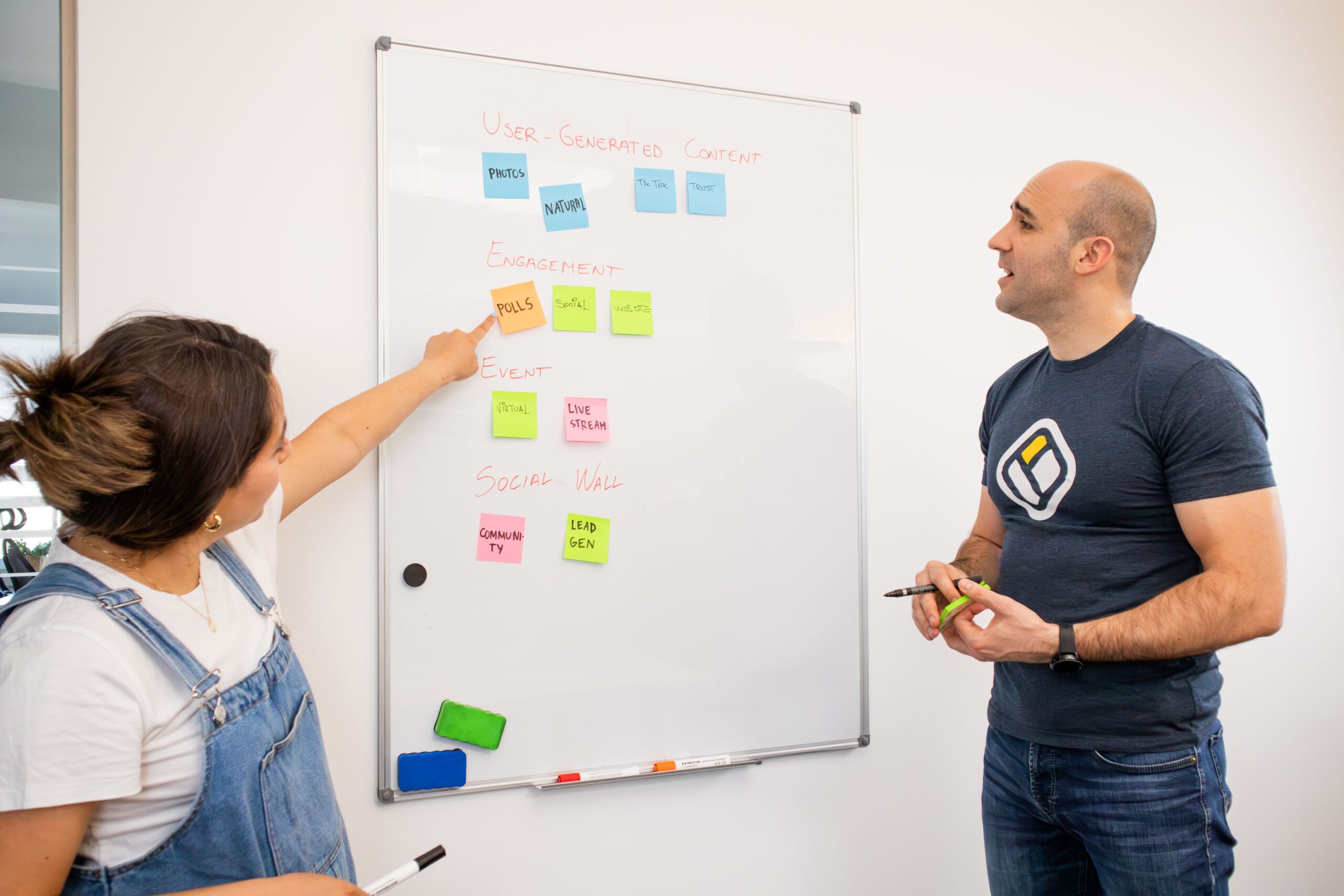 A team organizing content types like polls, live streams, and community posts on a whiteboard