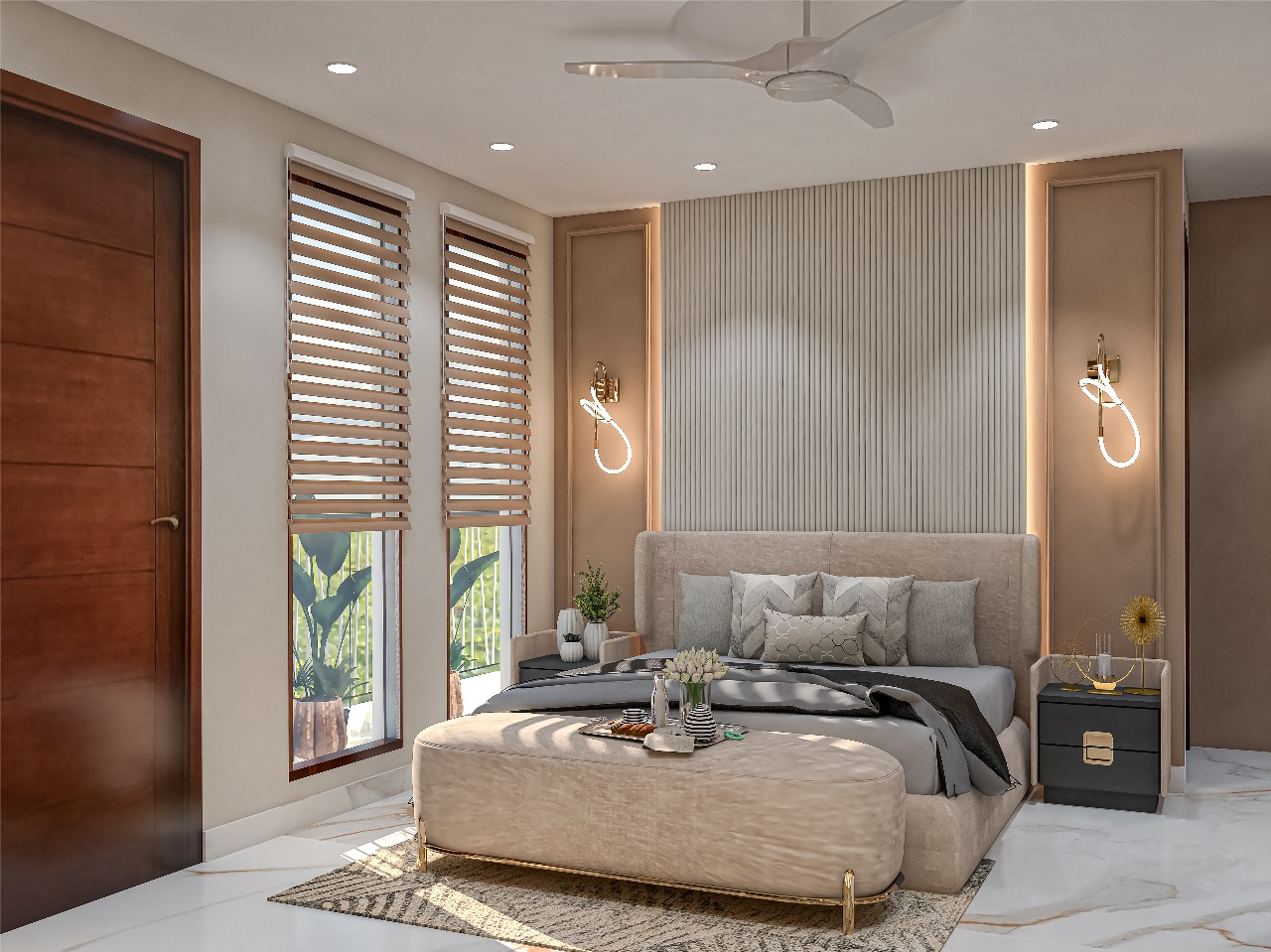 Modern bedroom interior with neutral tones and layered lighting