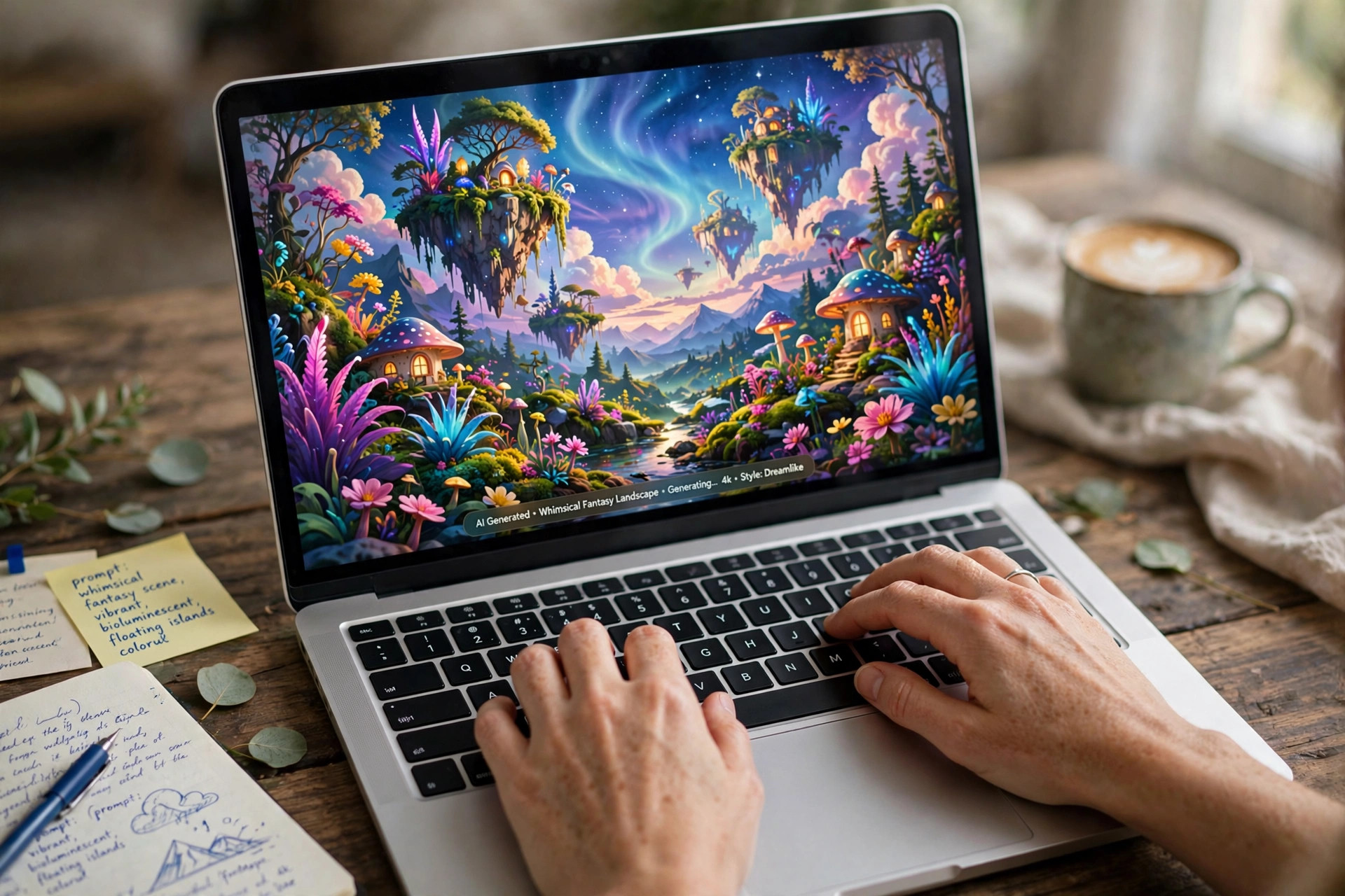 Person typing a detailed text prompt on a laptop while an AI-generated fantasy landscape appears on screen