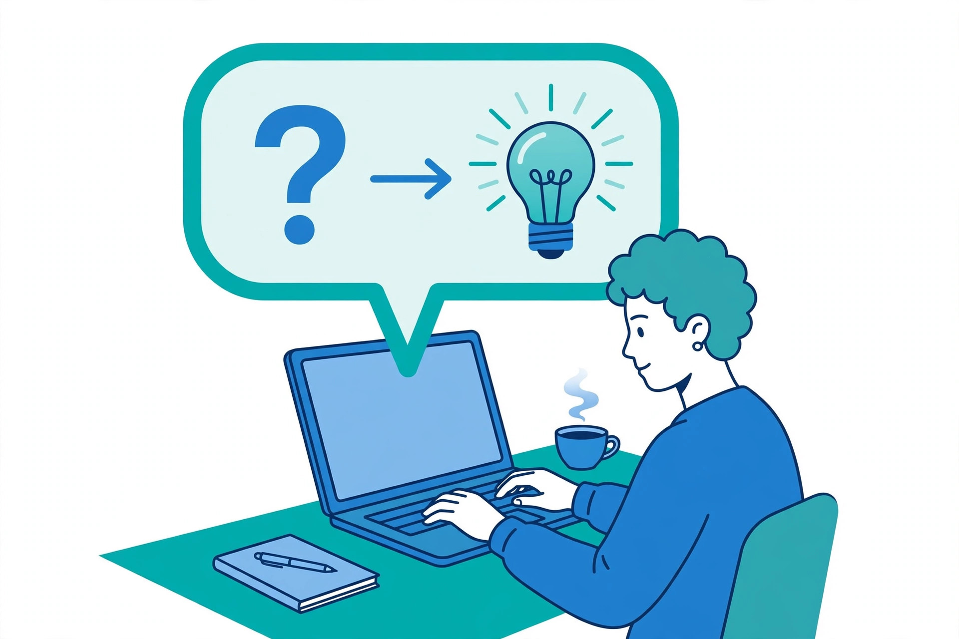 Person at a laptop turning a question into an idea, illustrating how good prompts work